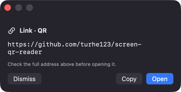 ScreenQrReader result panel showing a decoded link with Dismiss, Copy and Open buttons