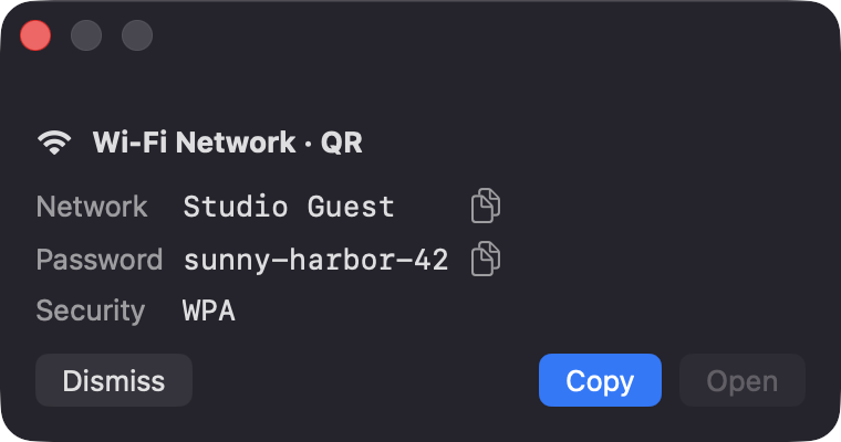 ScreenQrReader result panel showing a Wi-Fi network name, password and WPA security