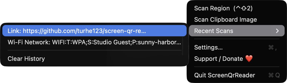 ScreenQrReader menu-bar menu with the Recent Scans submenu open