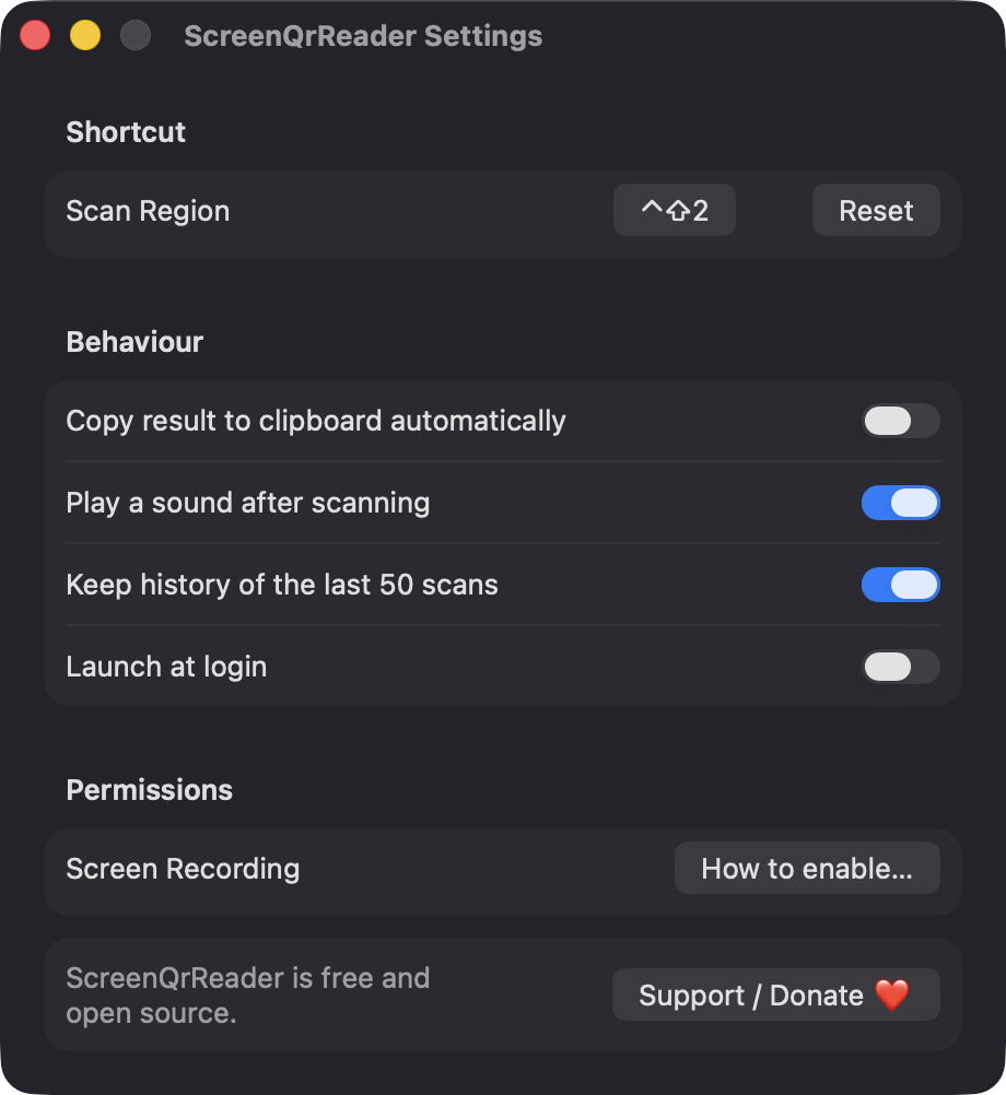 ScreenQrReader Settings window