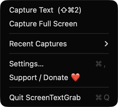 ScreenTextGrab menu bar menu