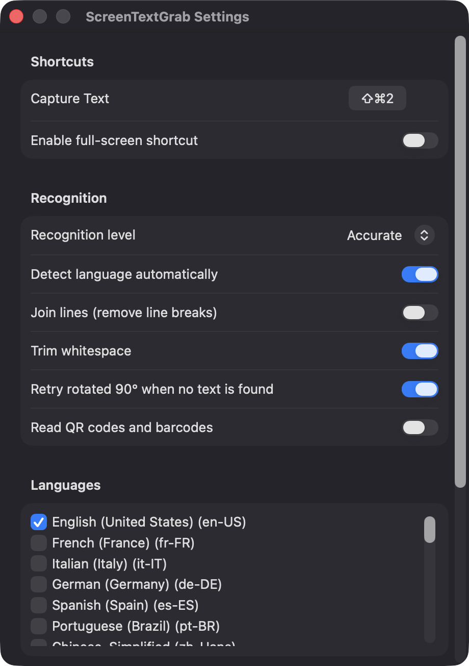 ScreenTextGrab Settings window