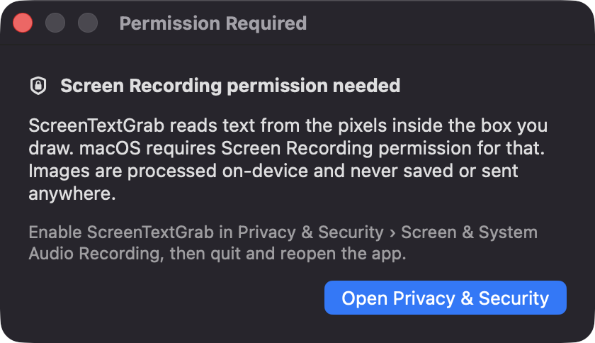 Screen Recording permission explanation window