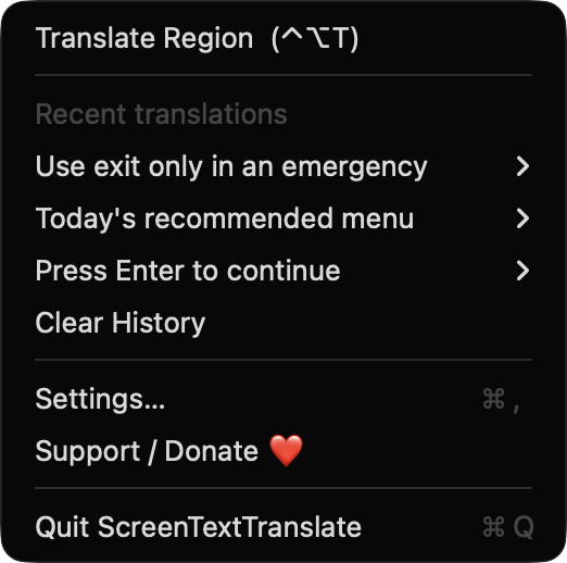 ScreenTextTranslate menu-bar menu with recent translations