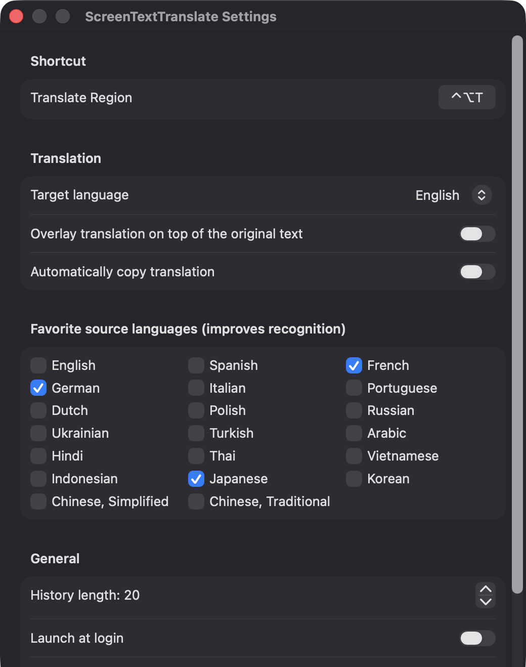 ScreenTextTranslate Settings window