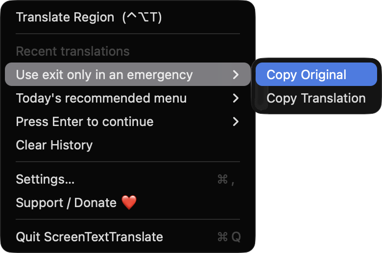 Recent translation submenu with Copy Original and Copy Translation