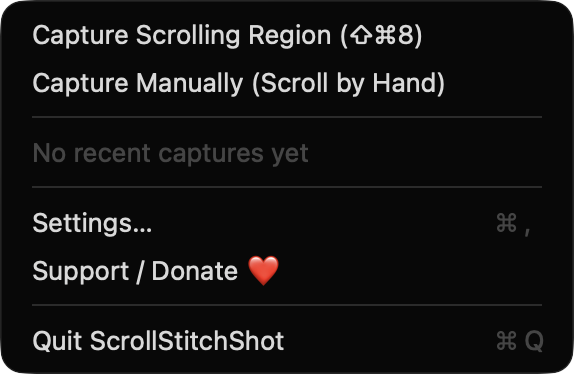 ScrollStitchShot menu bar menu