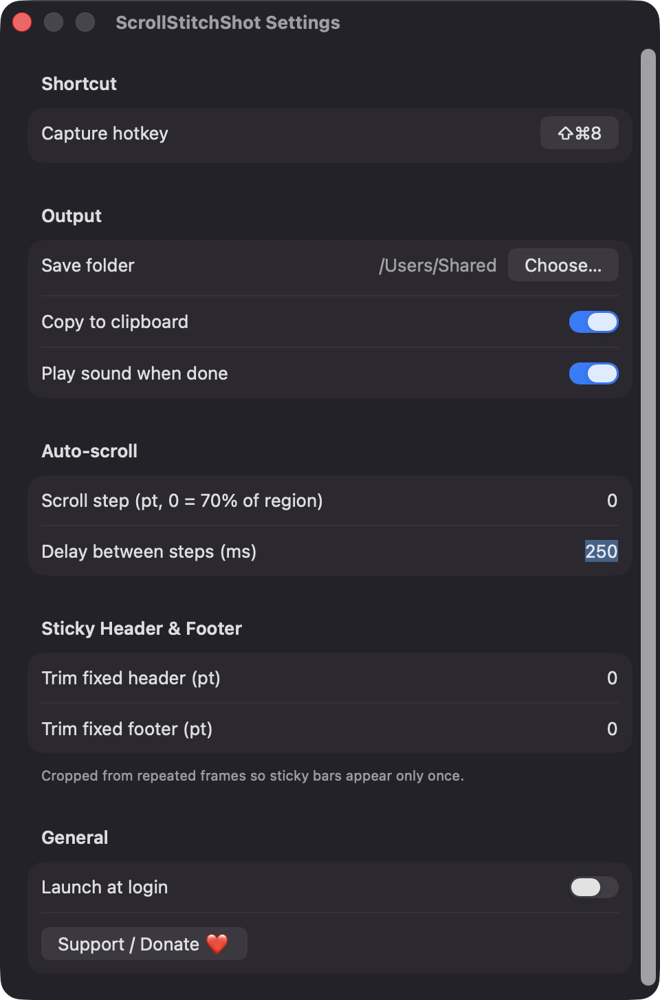 ScrollStitchShot Settings window