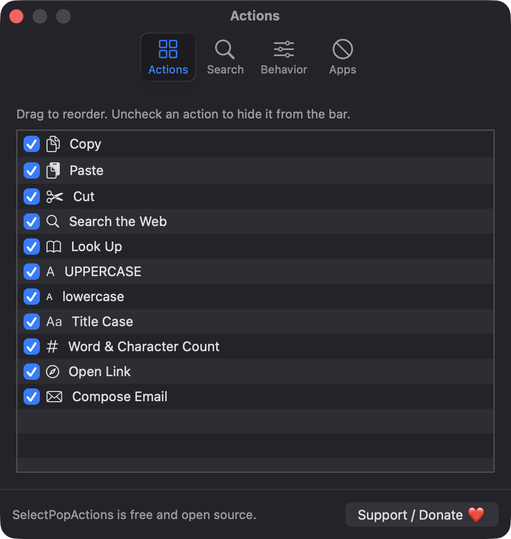 Actions settings with the list of quick actions