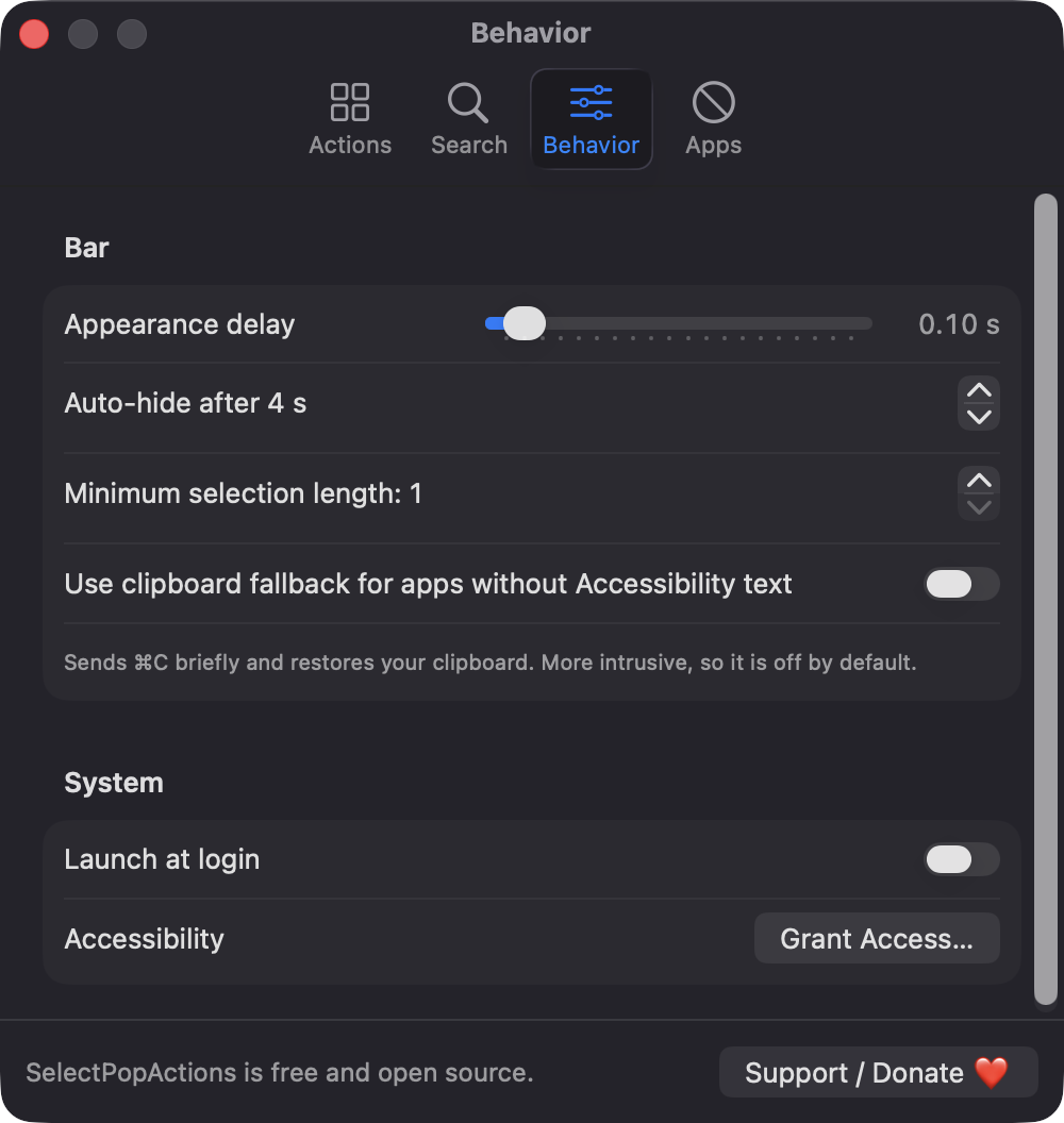 Behavior settings pane