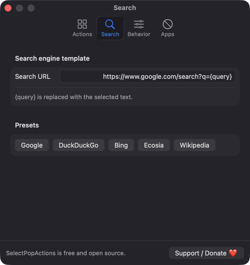 Search engine template settings with presets
