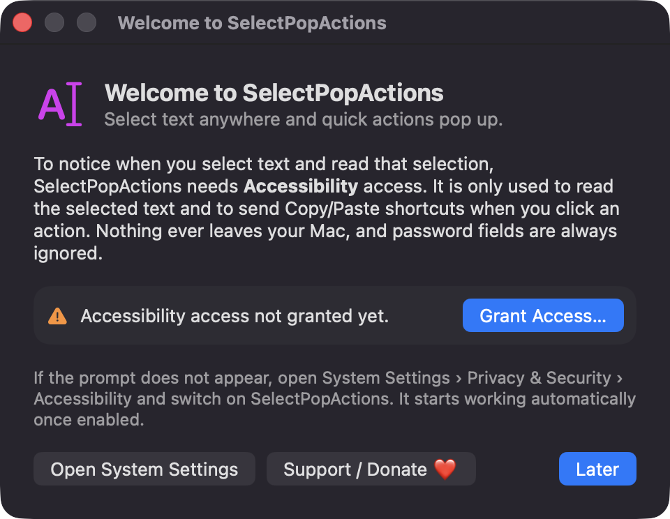 Welcome onboarding window