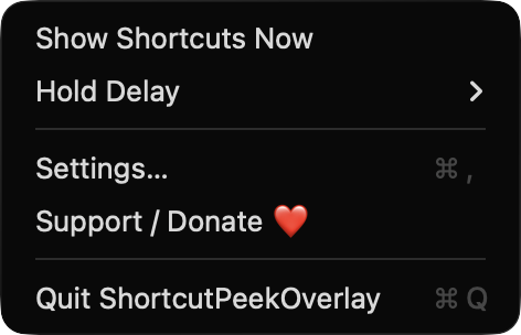 ShortcutPeekOverlay menu bar menu
