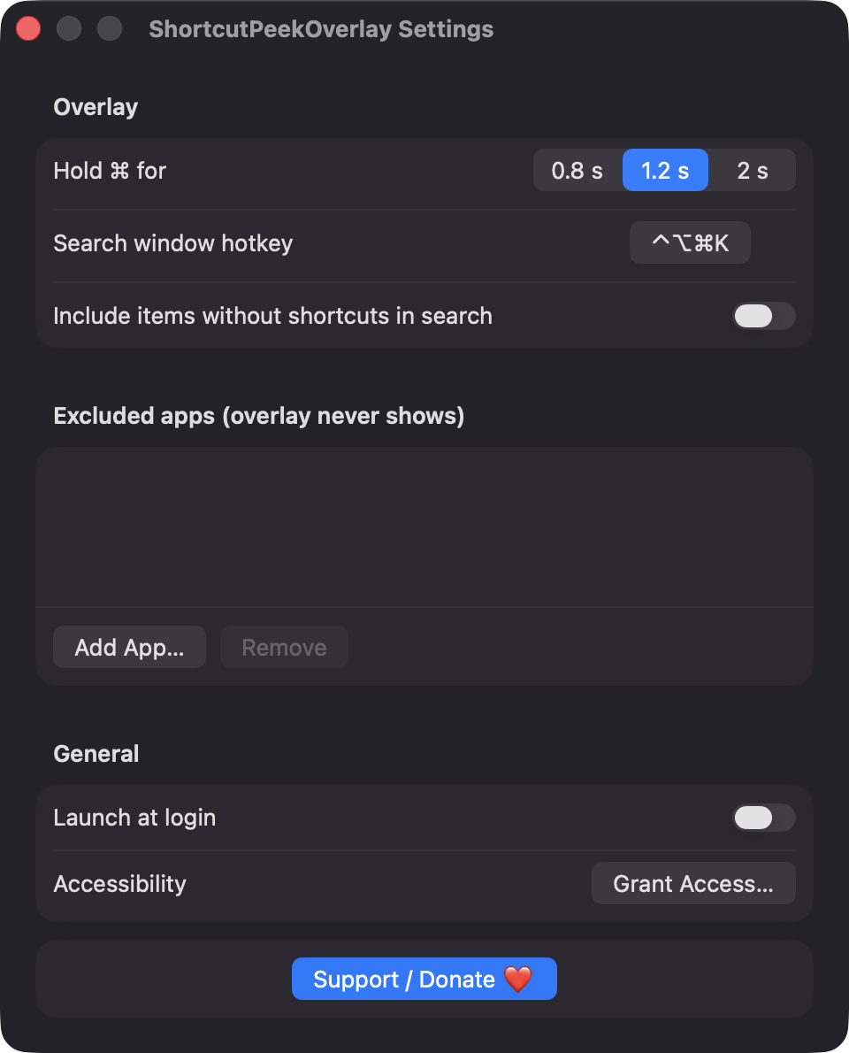 ShortcutPeekOverlay Settings window