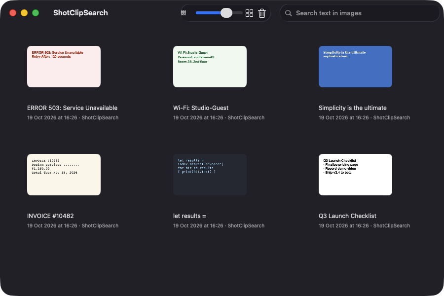 ShotClipSearch gallery grid of copied images