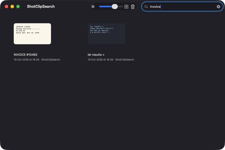Gallery filtered by a text search for invoice