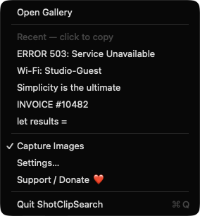 ShotClipSearch menu bar menu with recent images