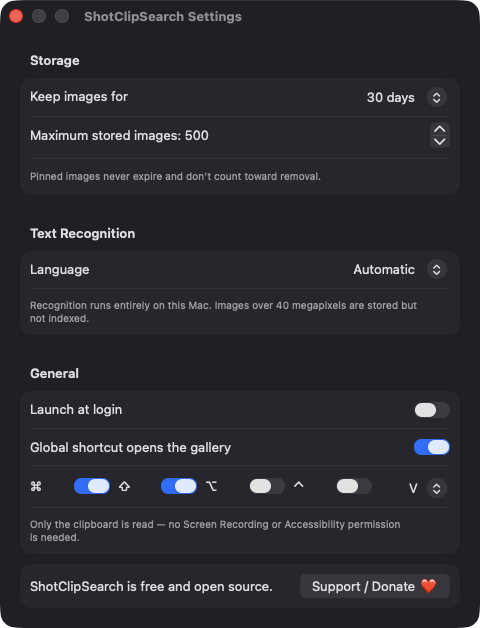 ShotClipSearch Settings window