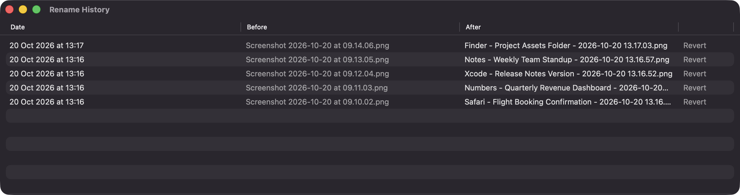 Rename History window showing screenshots renamed by app and OCR keywords