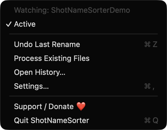 ShotNameSorter menu bar dropdown menu