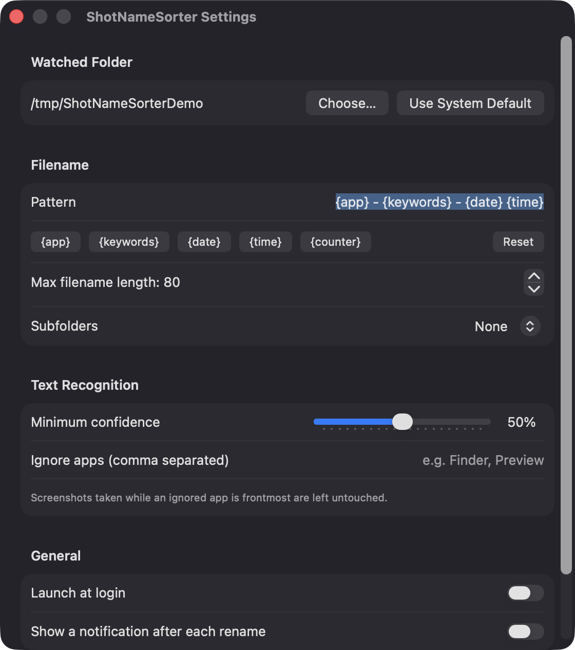 ShotNameSorter Settings window