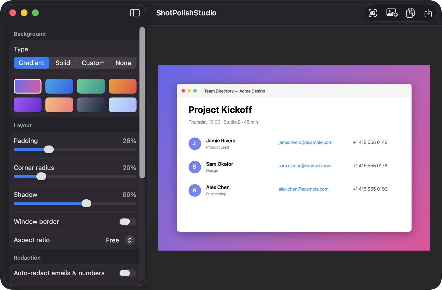 ShotPolishStudio editor showing a screenshot on a purple-pink gradient