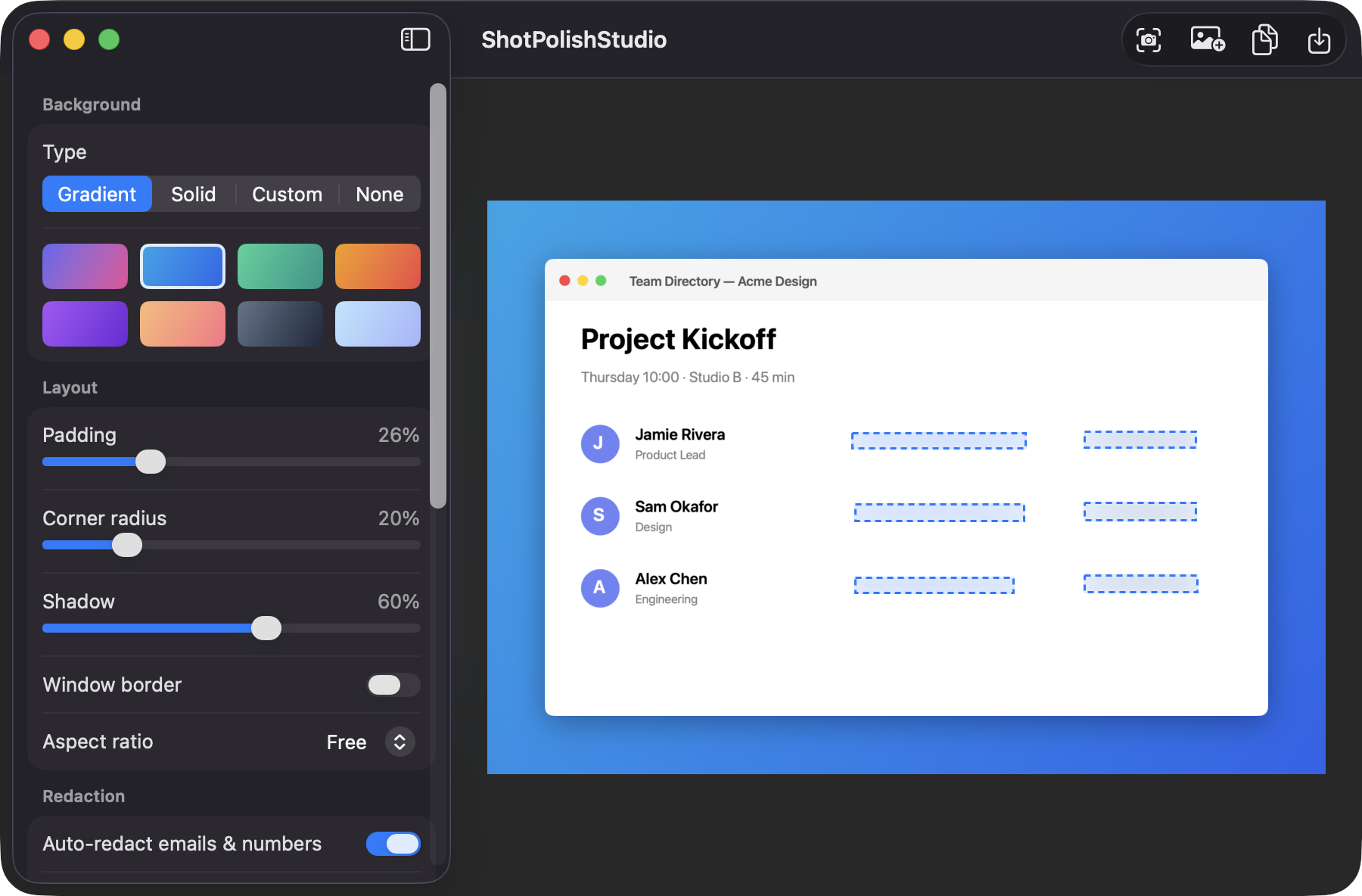 Editor with auto-redact on, blurring emails and phone numbers on a blue gradient