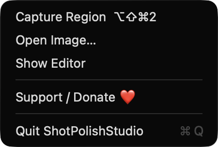 ShotPolishStudio menu bar menu
