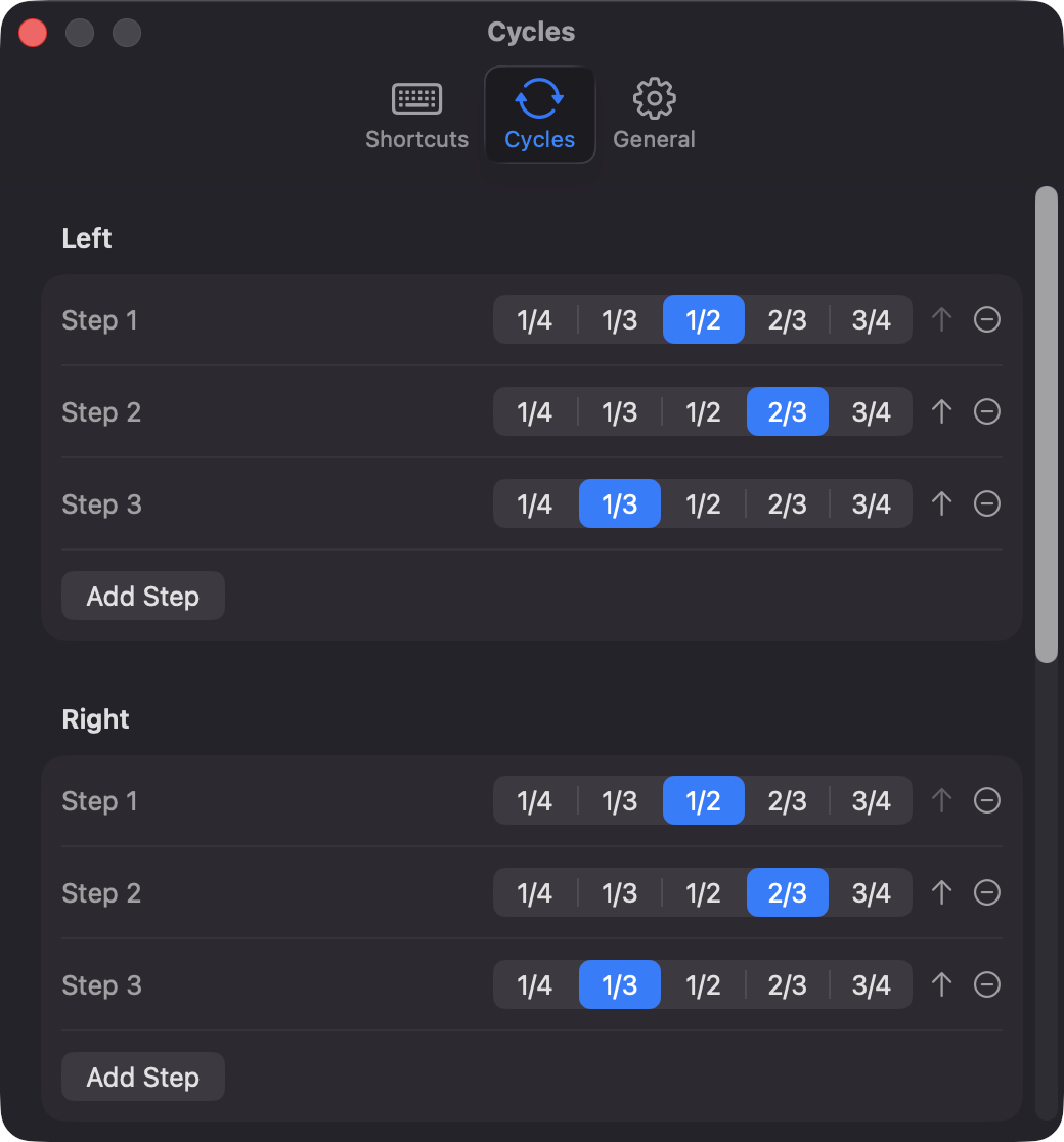 SizeCycleKeys Cycles settings with step pickers for Left and Right