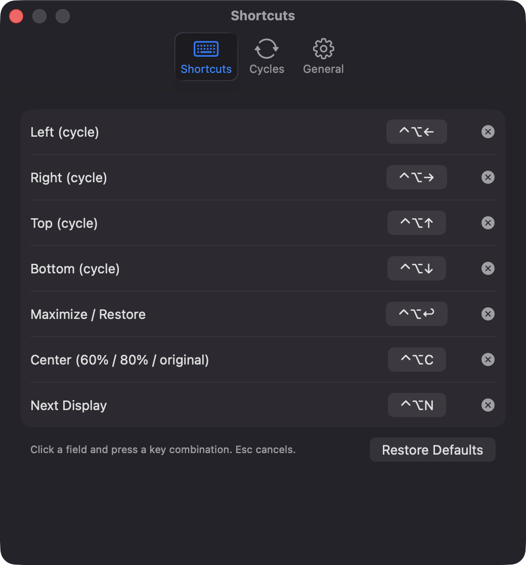 SizeCycleKeys Shortcuts settings listing seven actions and their hotkeys