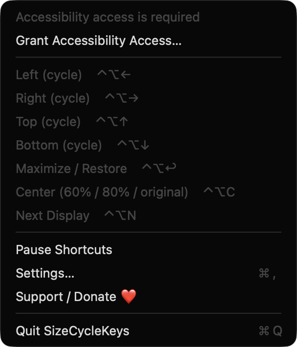 SizeCycleKeys menu bar menu