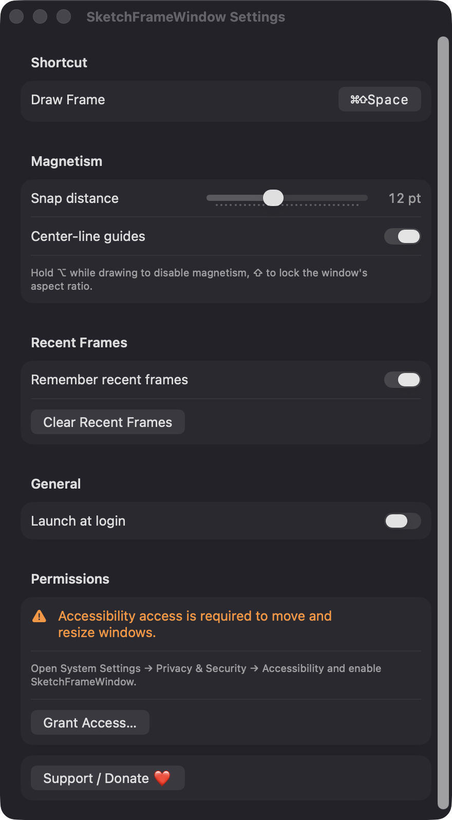 SketchFrameWindow Settings window