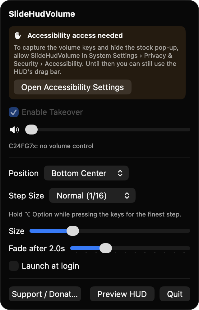 SlideHudVolume menu bar panel