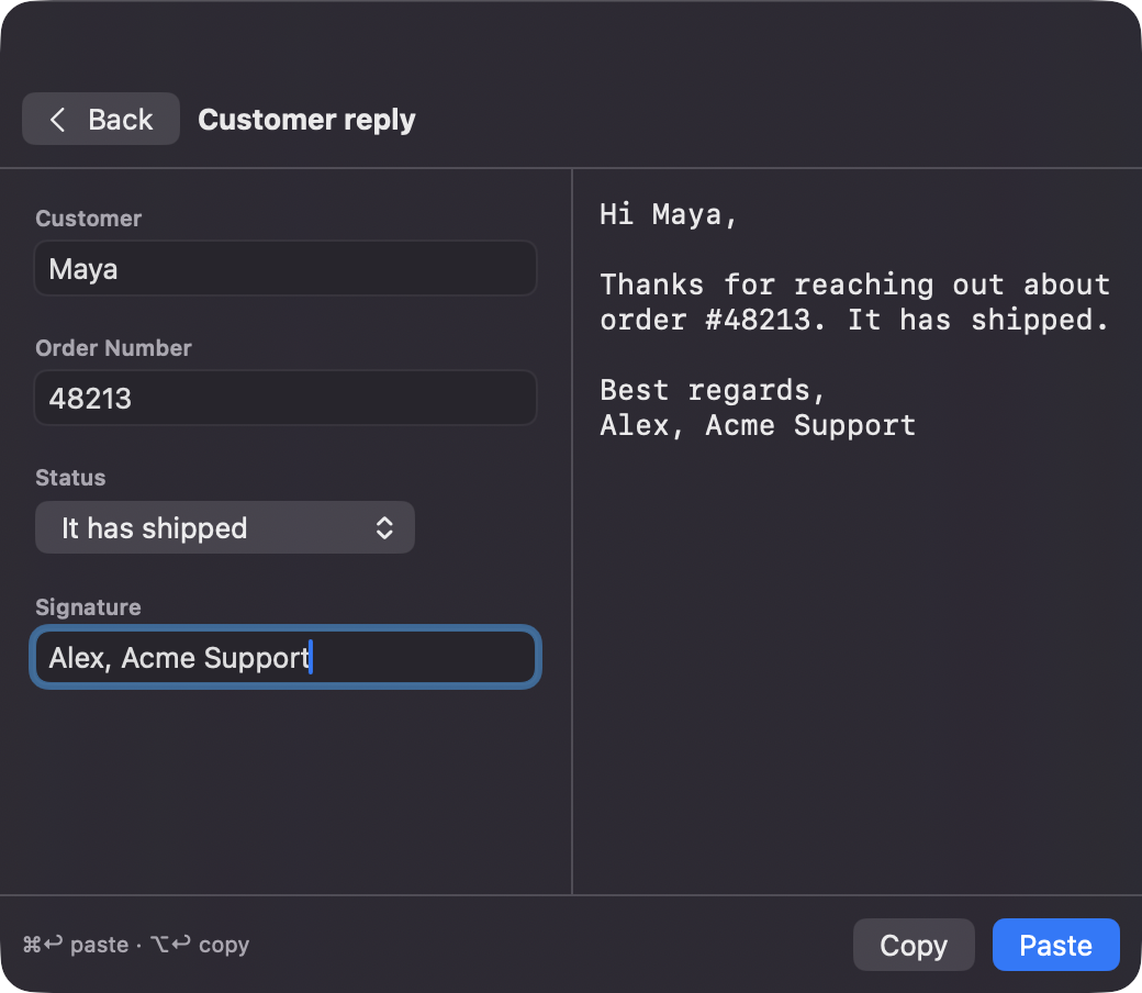 Palette form for a Customer reply template with a live text preview