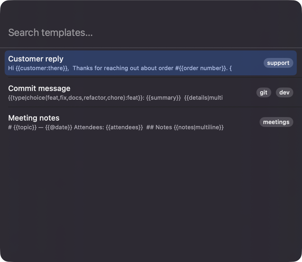 Floating palette listing searchable templates with tags