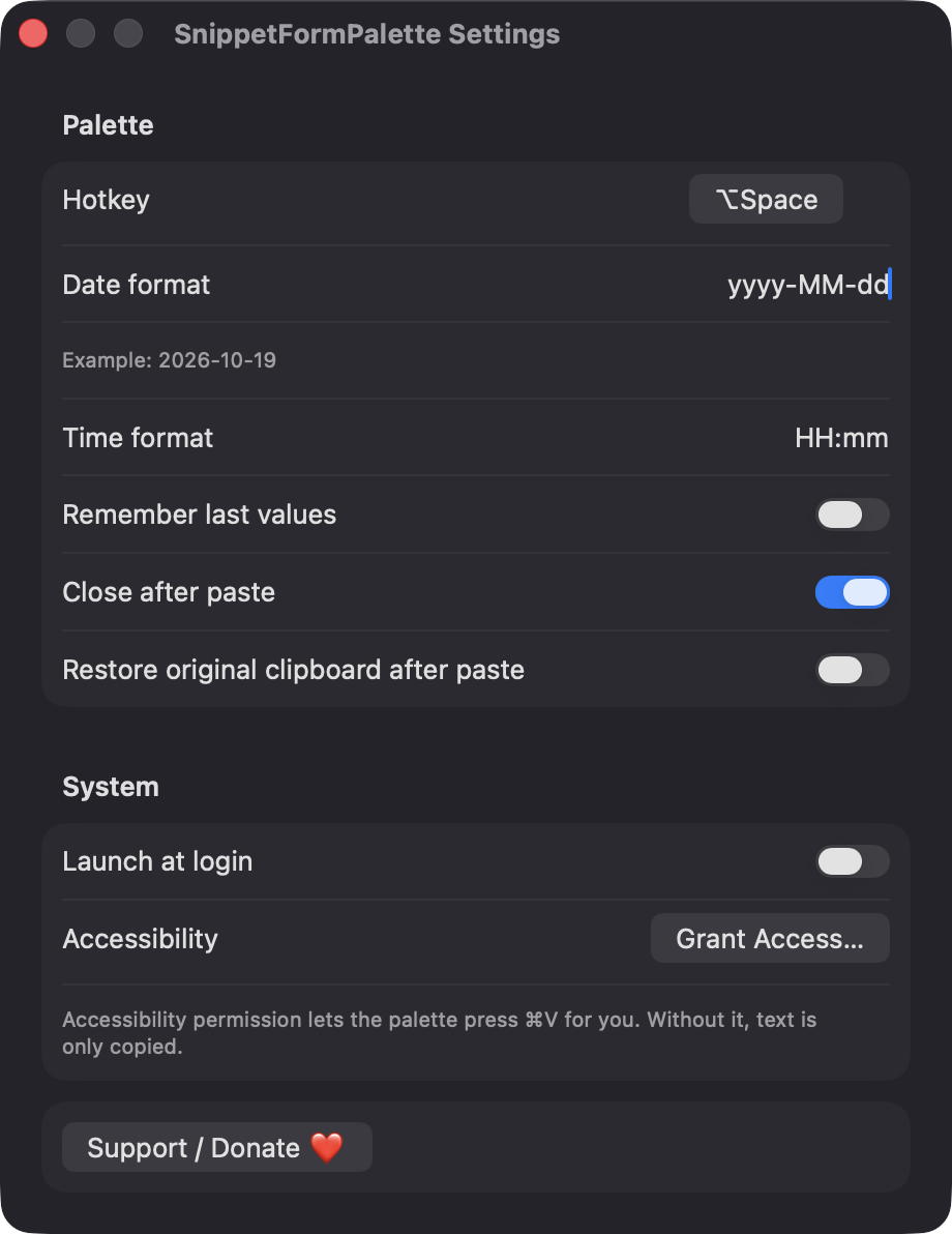 Settings window with hotkey, formats and toggles