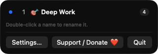 SpaceNameBar menu showing Desktop 1 named Deep Work with a window count badge