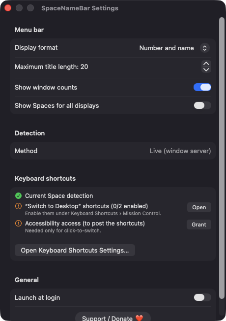 SpaceNameBar Settings window