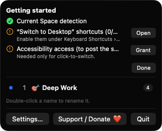 SpaceNameBar menu with the getting-started checklist