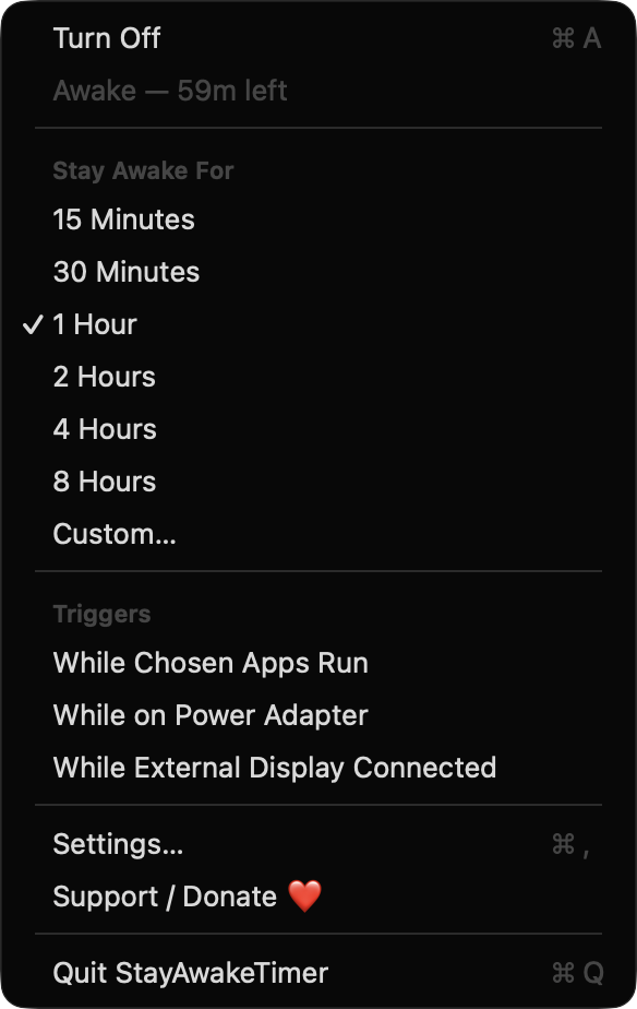 StayAwakeTimer menu bar menu with 1 Hour session active