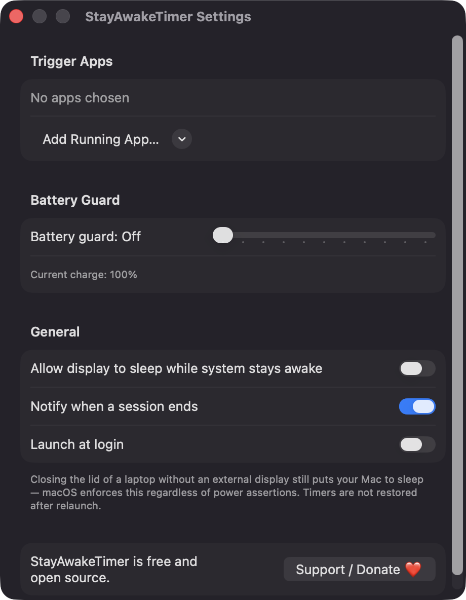 StayAwakeTimer Settings window