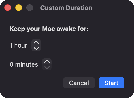 Custom Duration window with hour and minute steppers