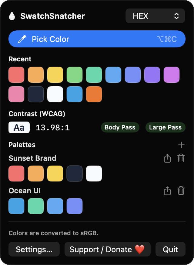 SwatchSnatcher popover with color history, contrast checker and palettes