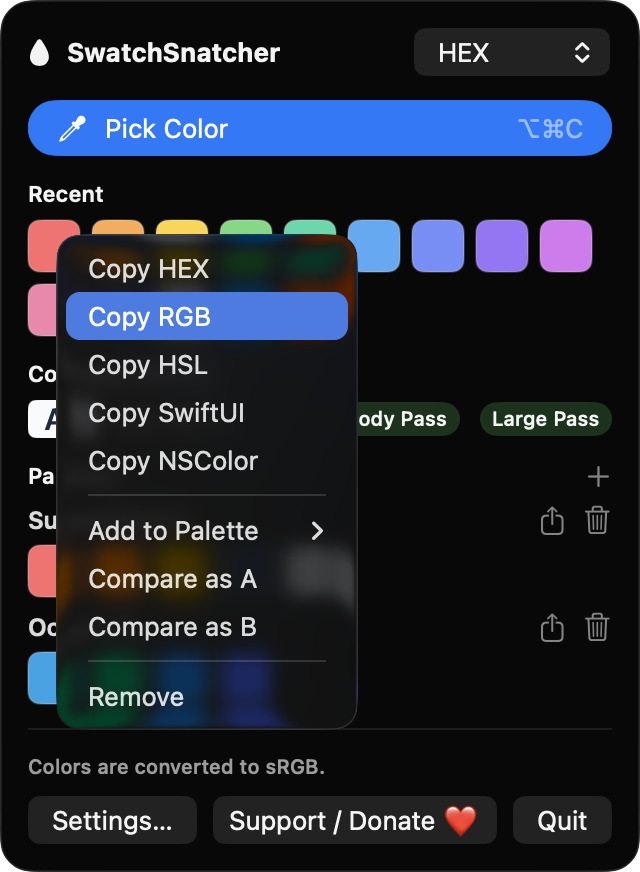 Swatch context menu listing copy formats and compare options