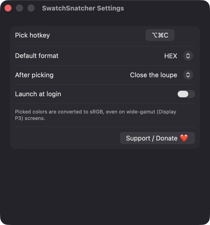 SwatchSnatcher Settings window