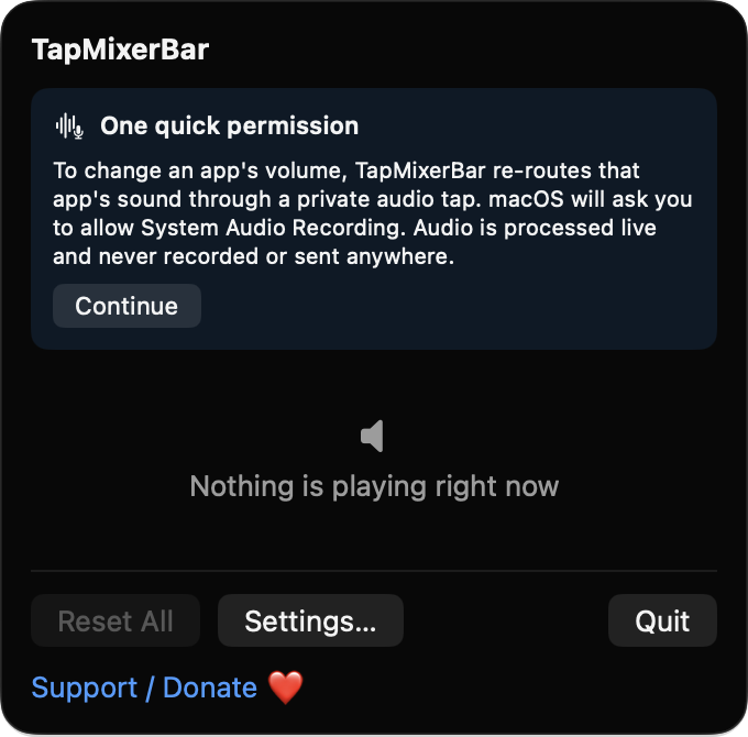 TapMixerBar menu bar popover with permission explanation card