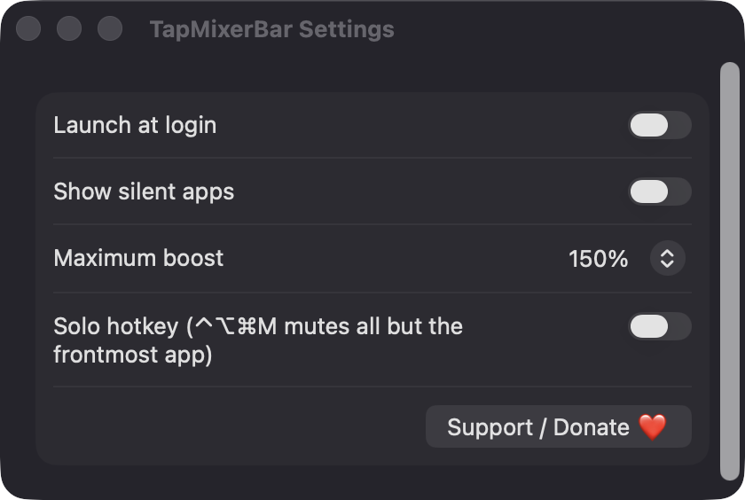 TapMixerBar Settings window