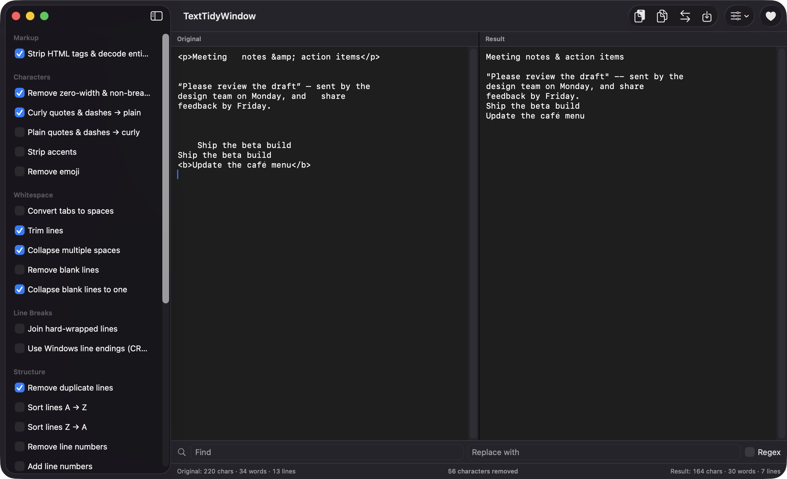 TextTidyWindow main window with cleaner checklist, original pane and cleaned result pane