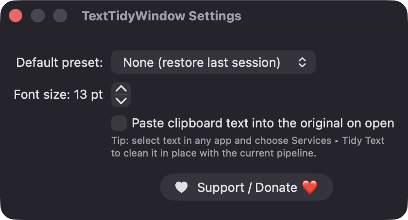 TextTidyWindow Settings window