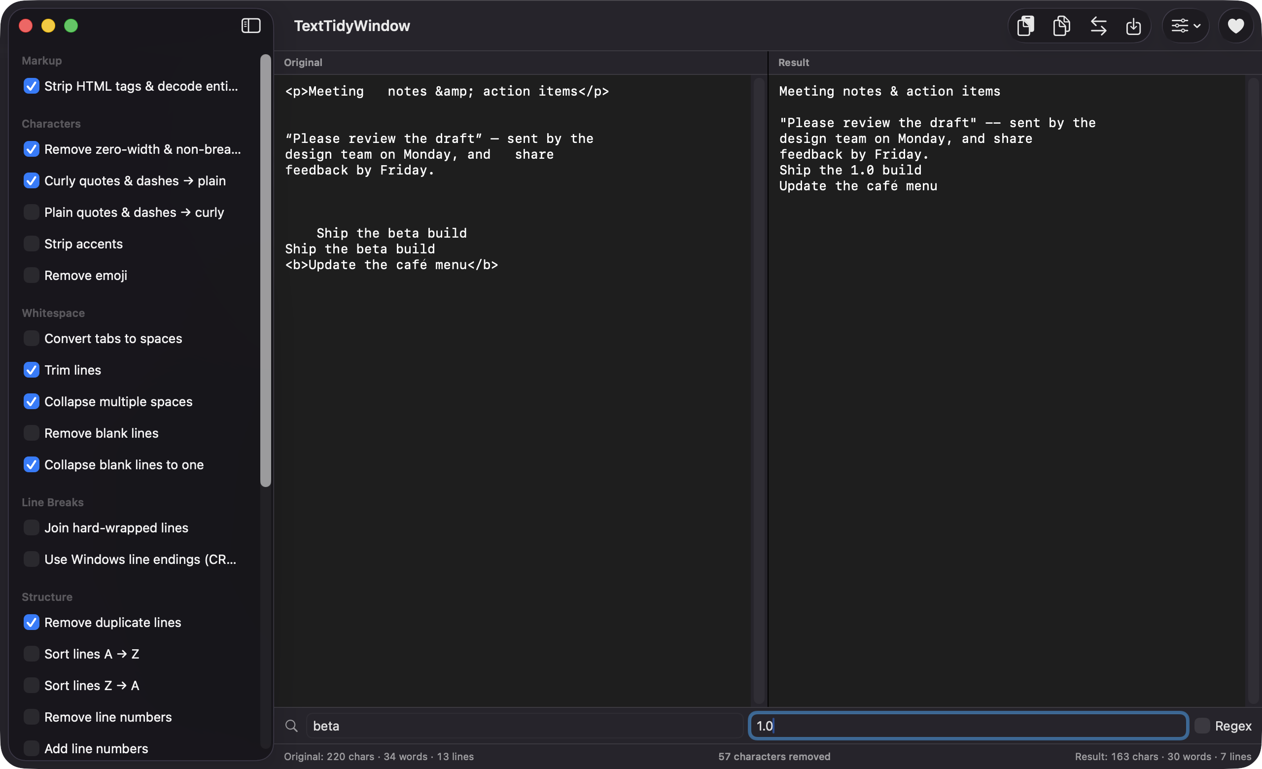Find and Replace fields applied to the cleaned result
